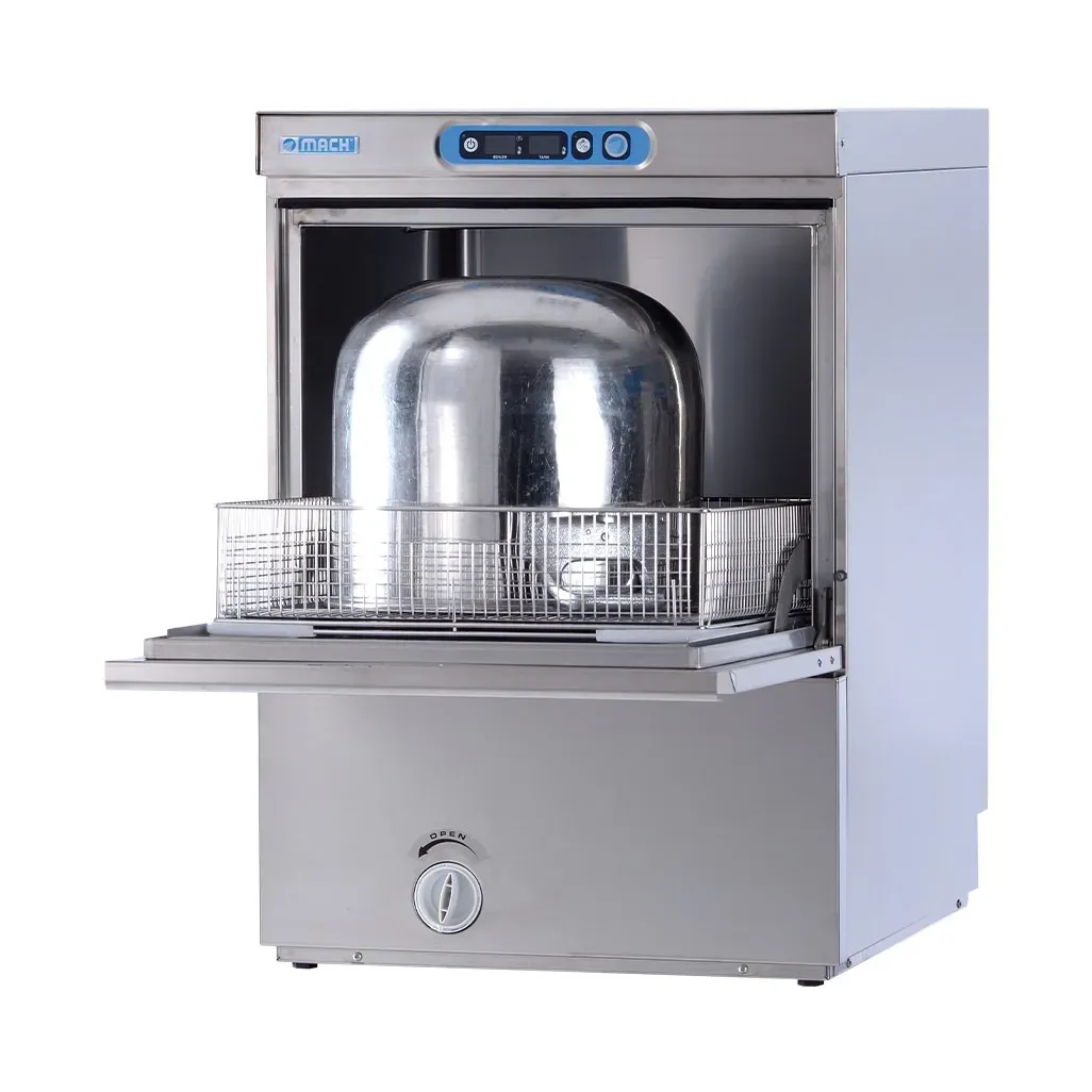 Lavastoviglie professionale in acciaio inox con cestello aperto e vassoio interno coperto.