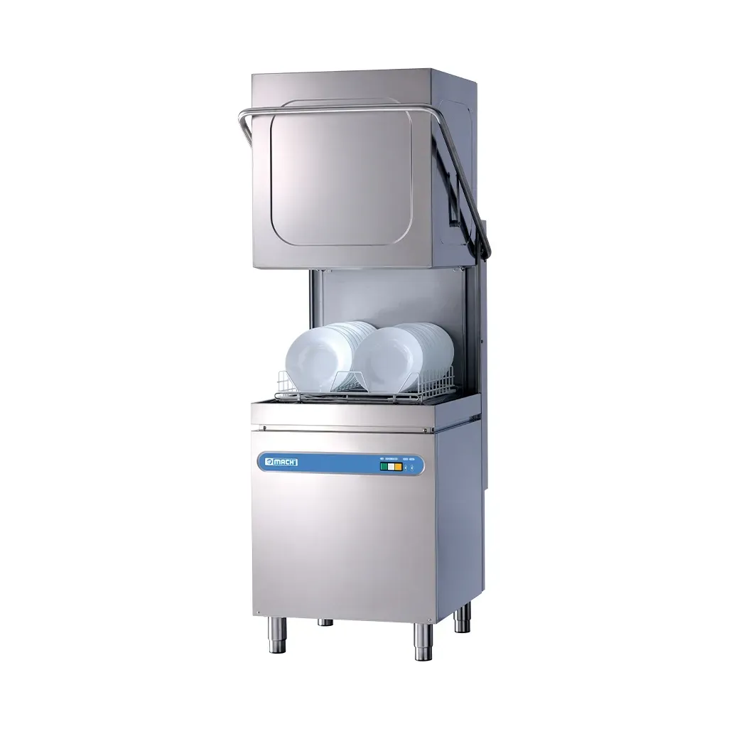 Lavastoviglie industriale in acciaio inox con apertura superiore, stoviglie bianche all'interno