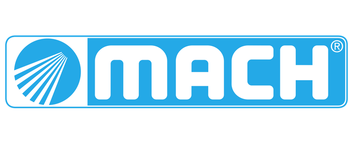 Logo MACH blu con testo bianco ed emblema circolare.