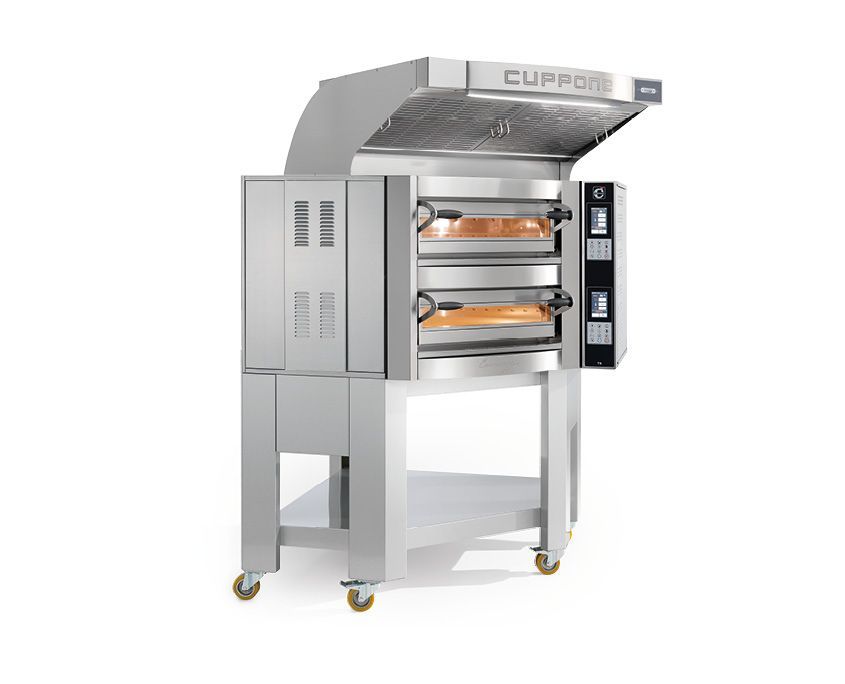 Forno per pizza industriale con due camere di cottura sovrapposte e rivestimento esterno in acciaio inox su ruote.