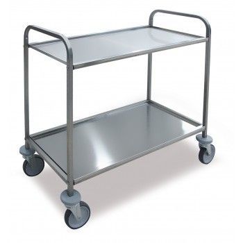 Carrello multiuso in metallo grigio con due ripiani e quattro ruote piroettanti.