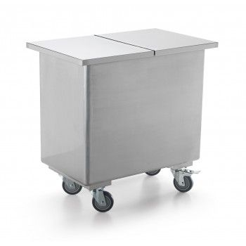Carrello in acciaio inox con due sportelli e quattro ruote.