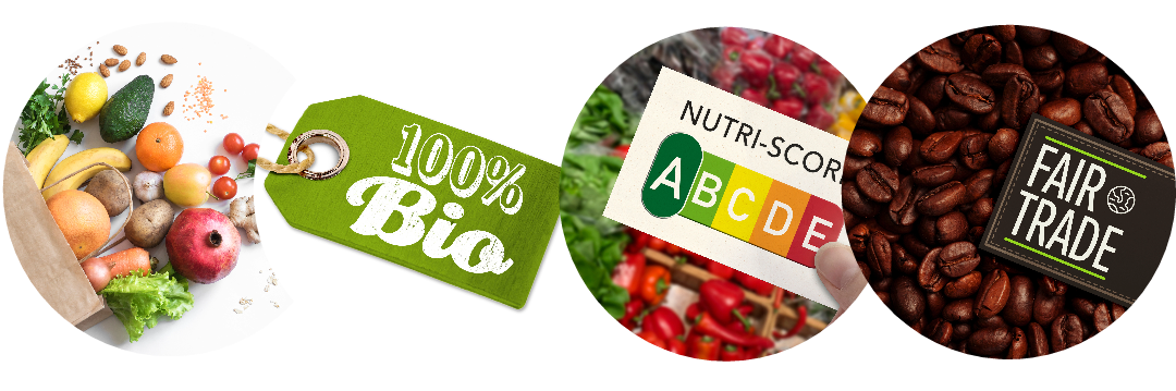 Verschiedene Einkaufssymbole für Bio, Nutriscor, Obst usw.