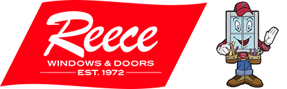Reece Windows & Doors logo with red banner and cartoon window mascot waving in work boots