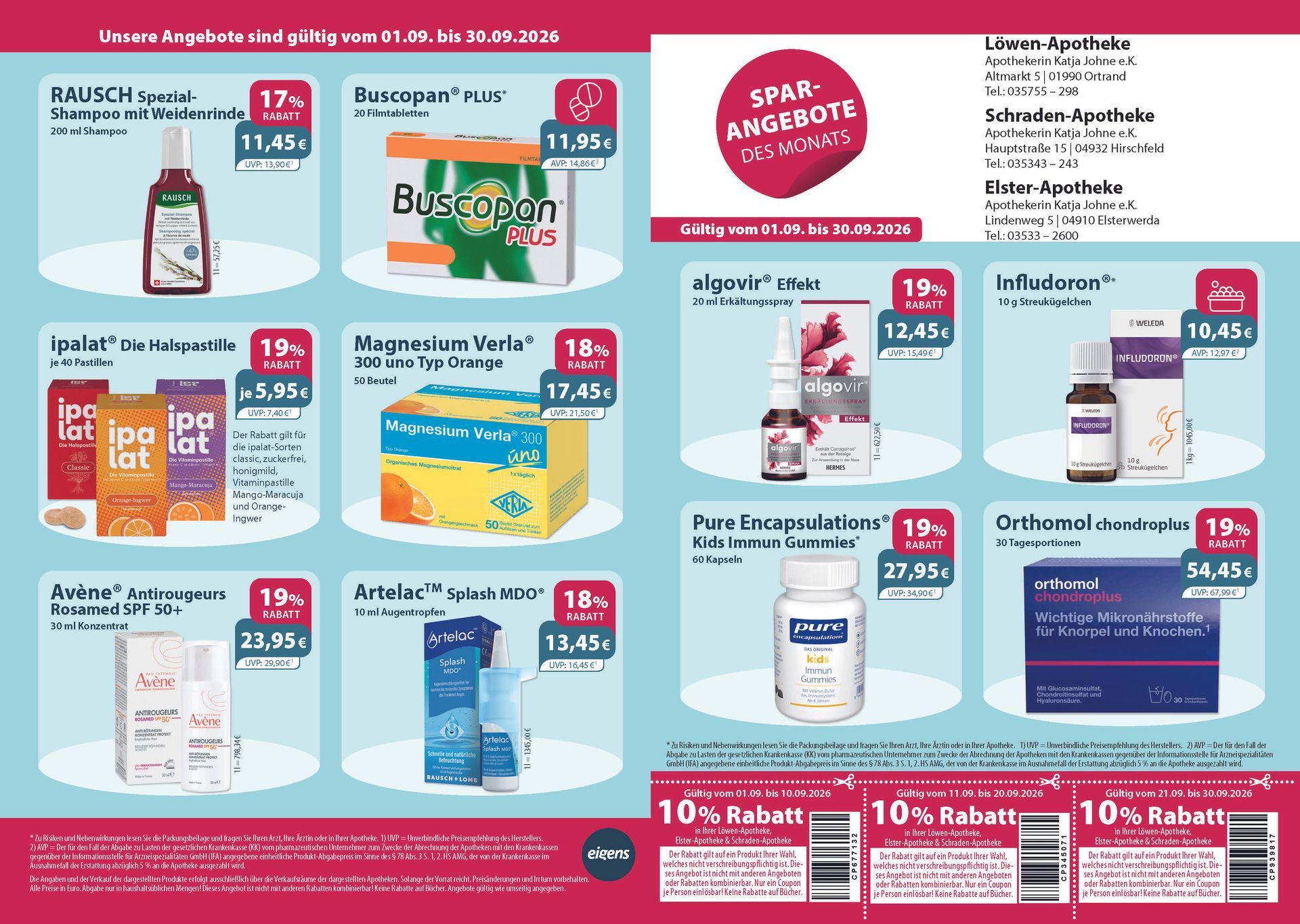 Apotheken-Rabattbroschüre mit verschiedenen Gesundheitsprodukten, ermäßigten Preisen und Aktionscoupons.