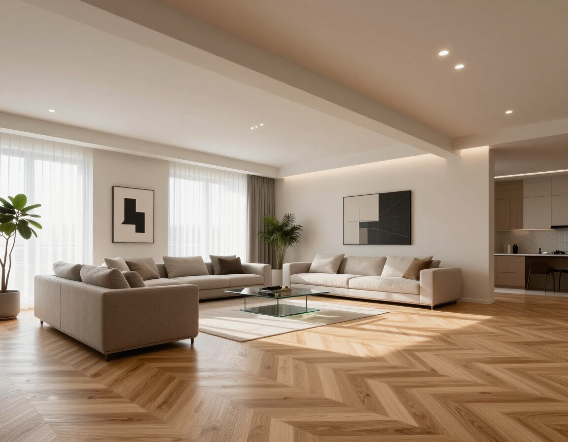 Soggiorno residenziale ristrutturato con parquet chiaro