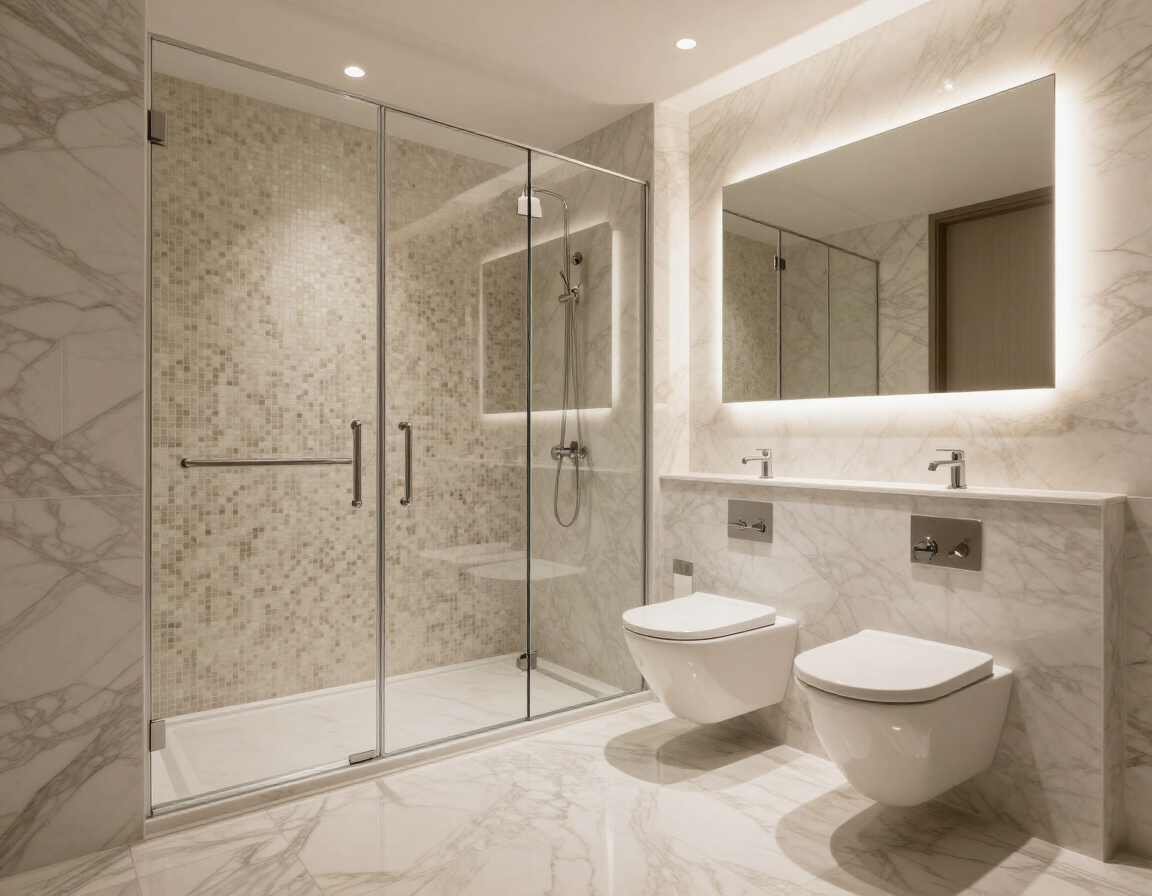 Bagno di lusso con doccia walk-in e mosaico in marmo