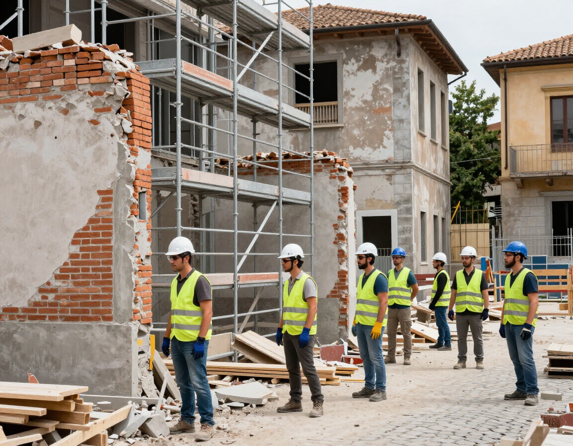 Cantiere in corso ordinato con operai in DPI