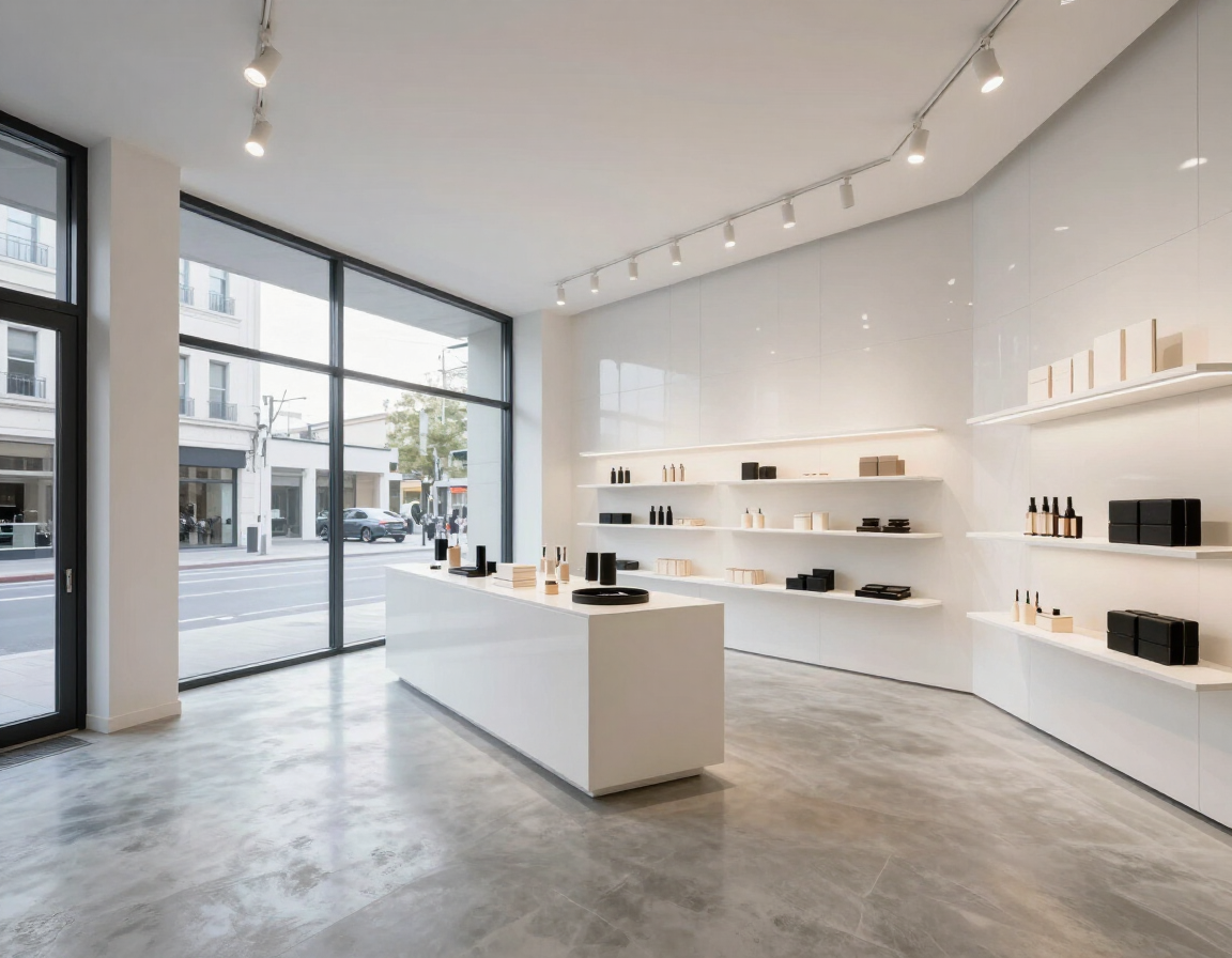 Negozio retail dopo la ristrutturazione con pareti laccate bianche