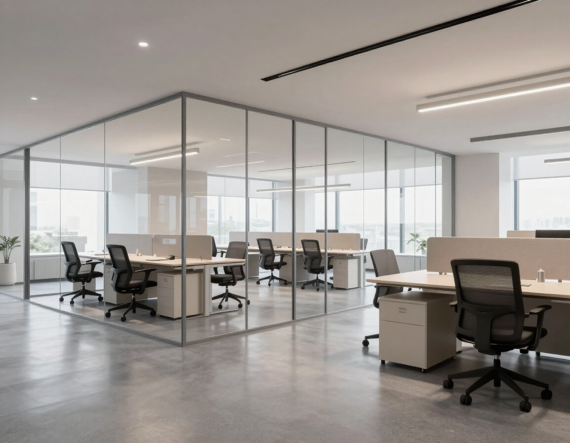 Ufficio open space ristrutturato con pavimento in resina