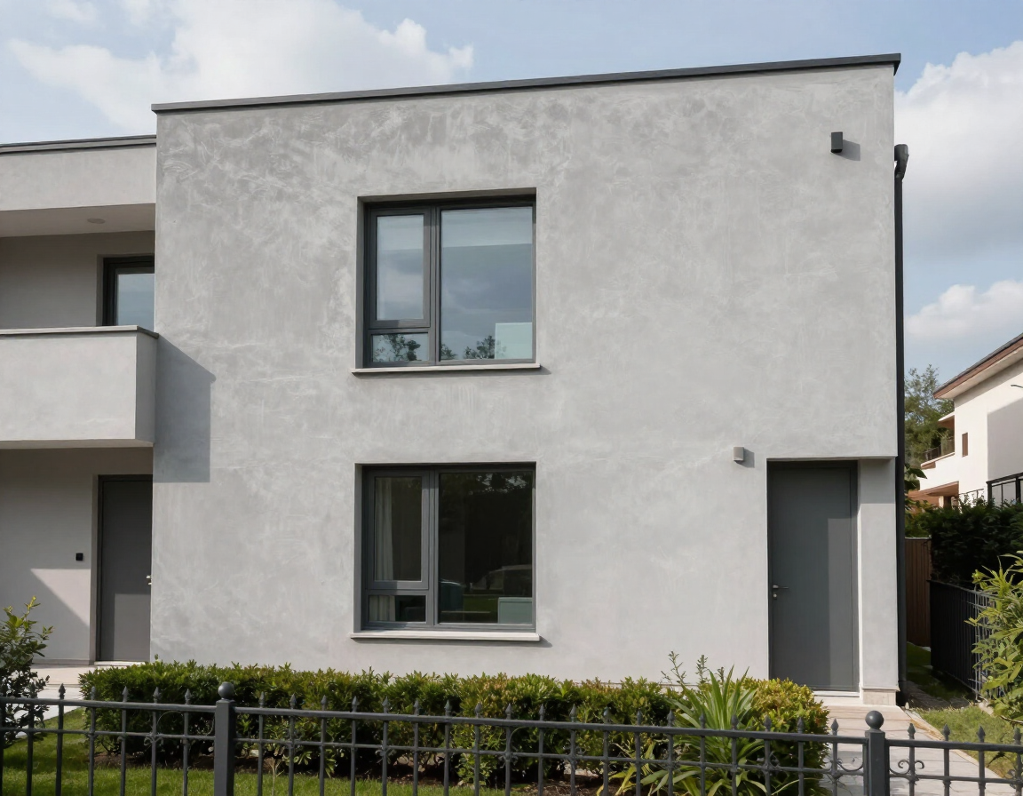 Facciata di edificio dopo cappotto termico e tinteggiatura grigio chiaro