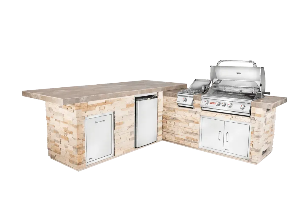 A kitchen island with a grill and a dishwasher on a white background.