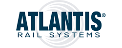 Logo for Atlantis Rail Systems, dark blue text with a spiral background on a white background.