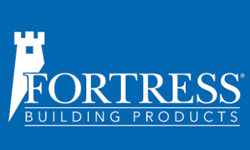 The fortress building products logo on a blue background