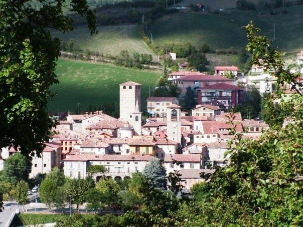 Hilltop town with stone buildings and towers surrounded by green fields and trees.