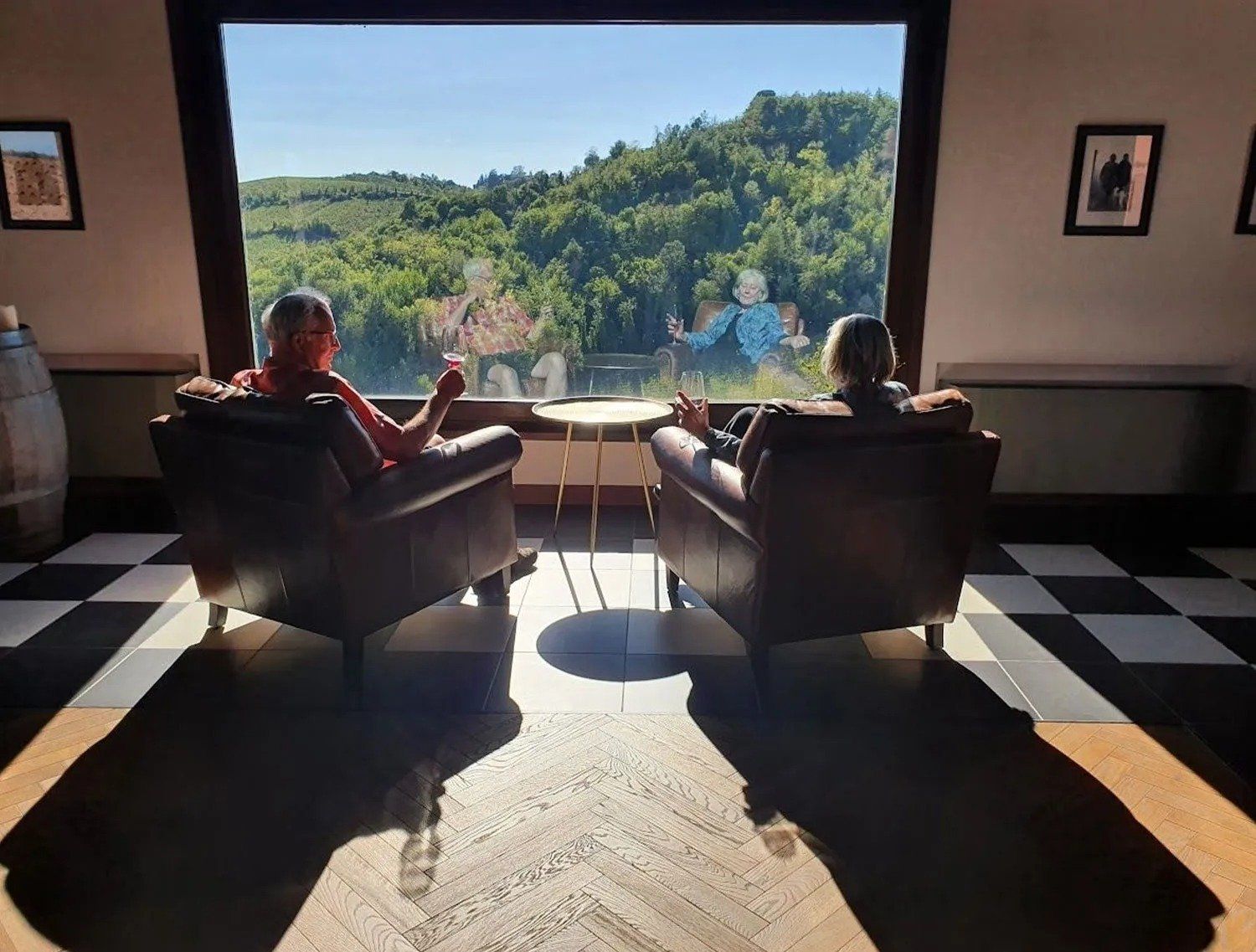 Two people in armchairs enjoying a scenic vineyard view through a large window, with reflections of others outside.