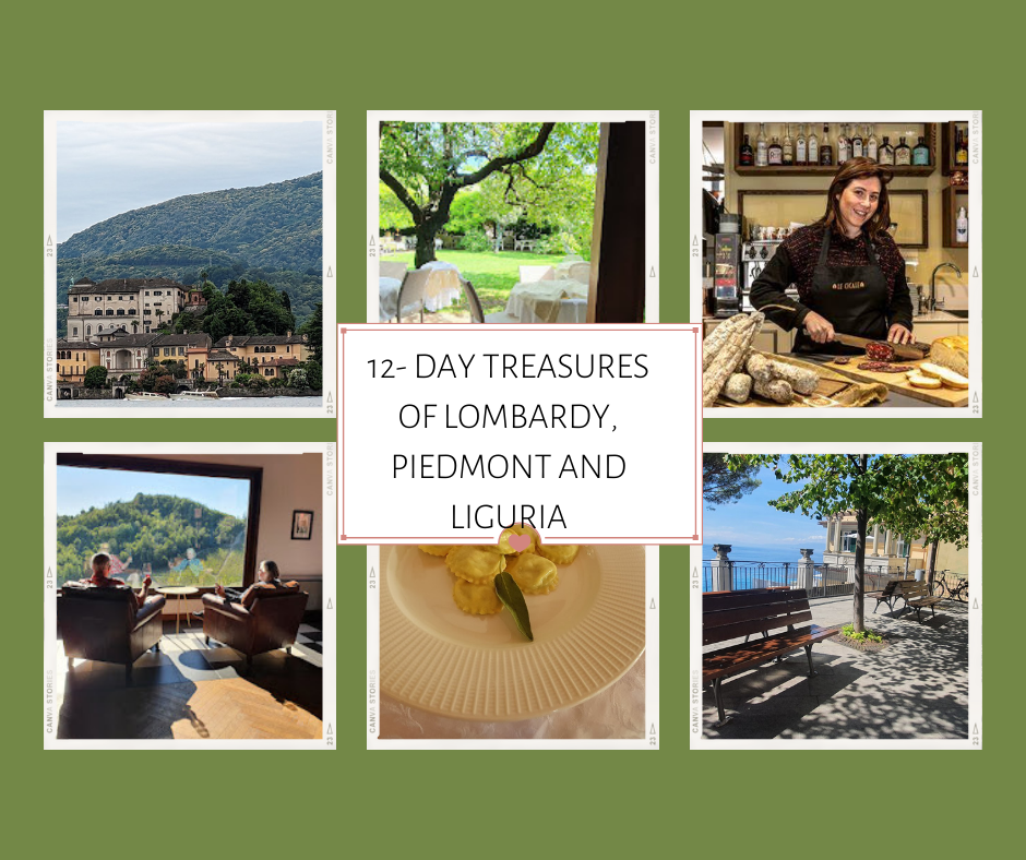 A collage showcasing scenic landscapes, food, and culture from a 12-day tour of Lombardy, Piedmont, and Liguria.