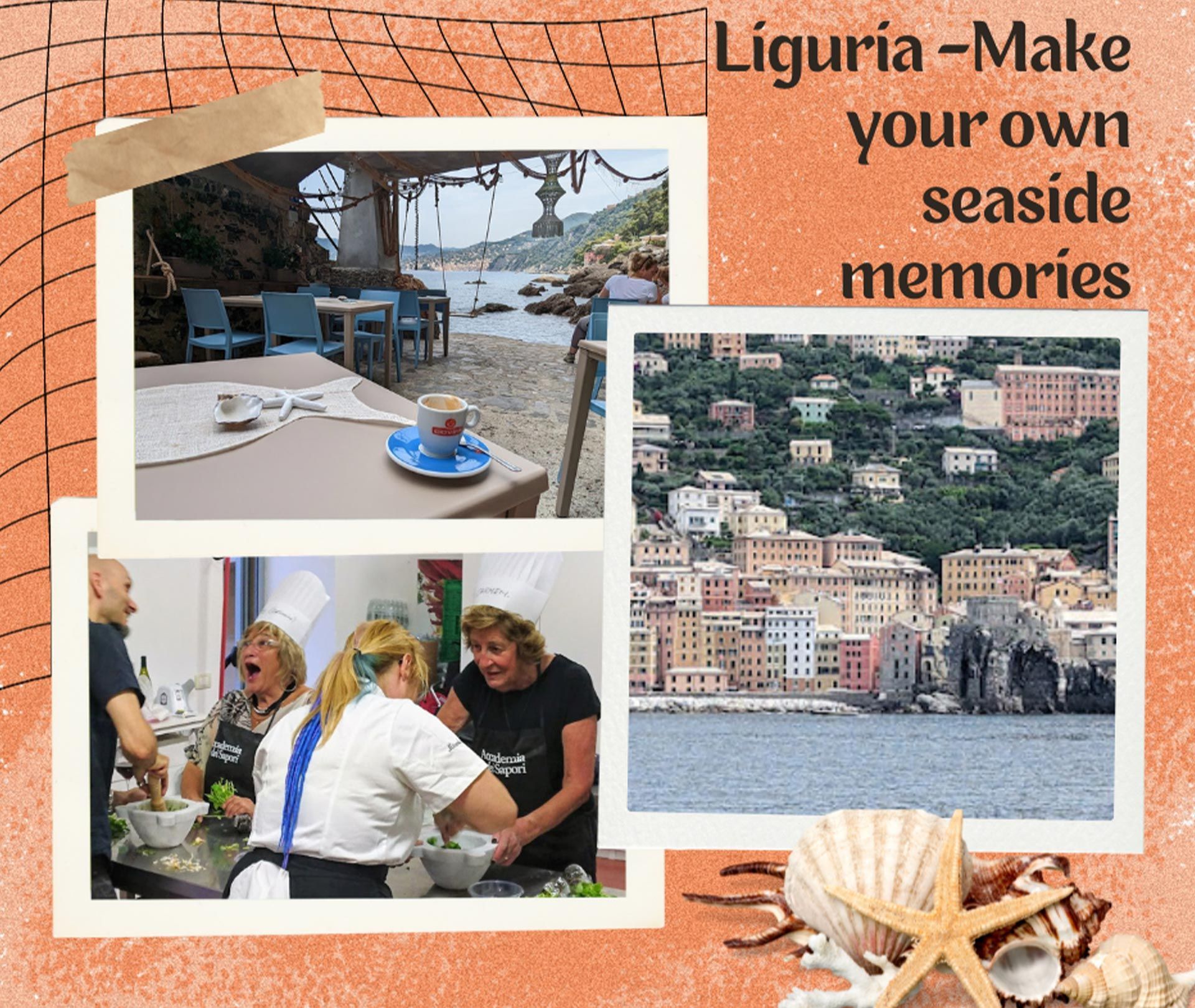 Liguria: seaside café, coastal town, cooking class.