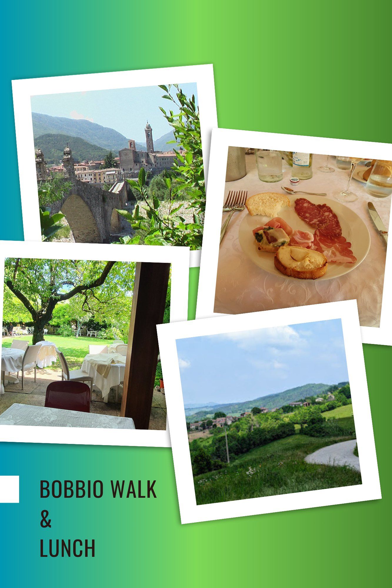 Walk through Bobbio’s historic bridge and town, followed by lunch under the trees.