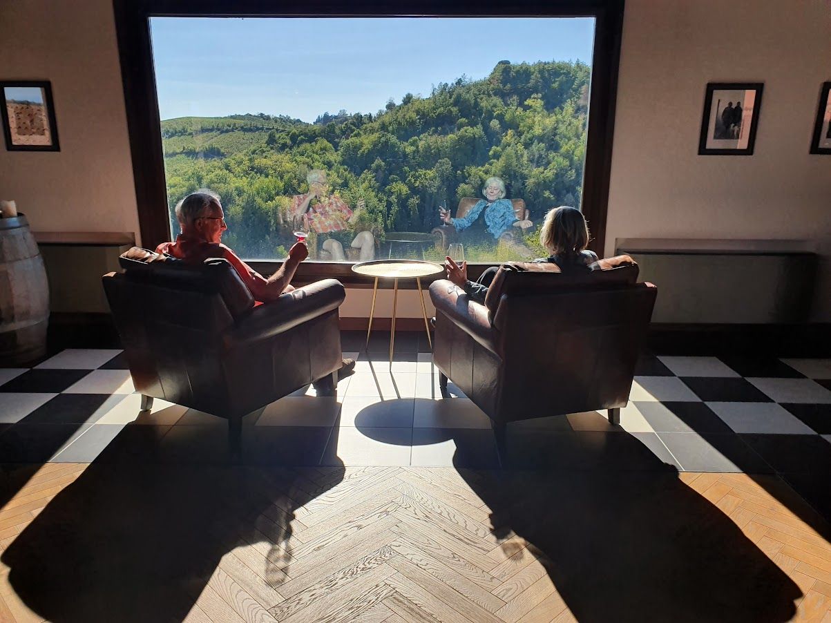Two people in armchairs enjoying wine with a vineyard view, reflections of others on the window.