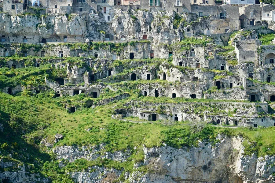 Ancient cave dwellings carved into a limestone hillside in Sassi di Matera, with greenery growing among the ruins.