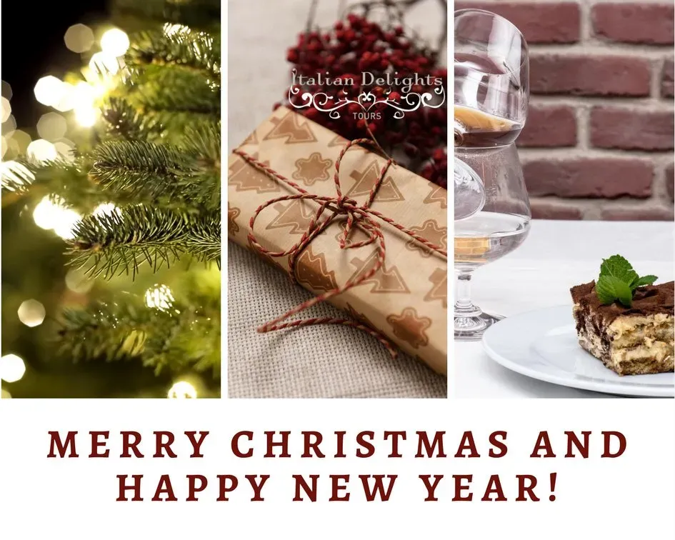 Christmas tree lights, a wrapped gift, glasses of dessert wine, and a plate of tiramisu with holiday greetings. 