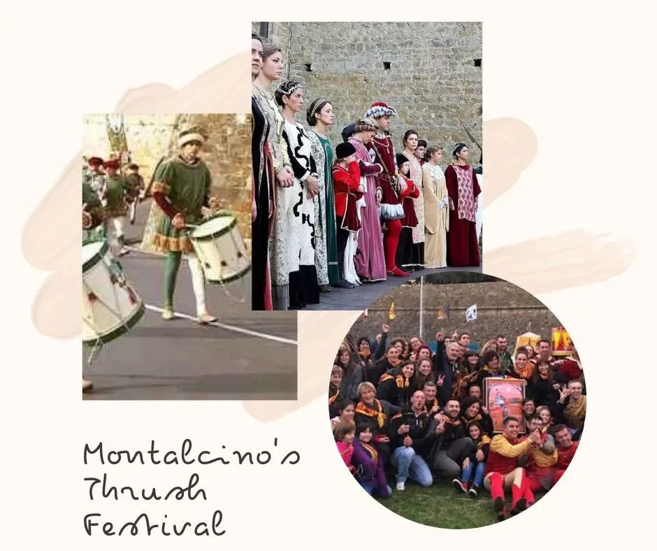 Group of people in medieval costumes and festive attire celebrating outdoors during Montalcino's Thrush Festival