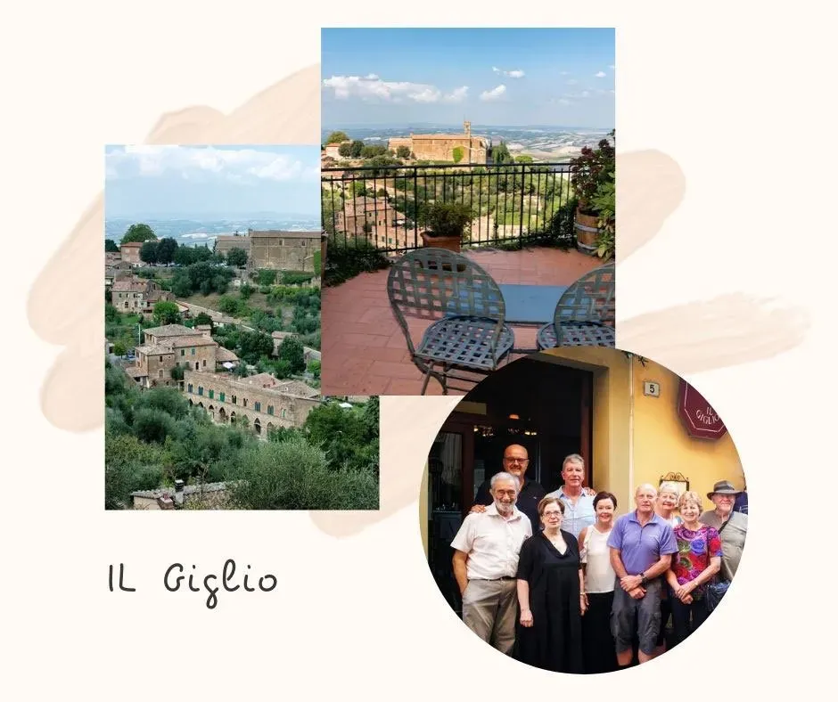 Views of Il Giglio with hillside buildings, a terrace overlooking the valley, and a group photo outside the restaurant.