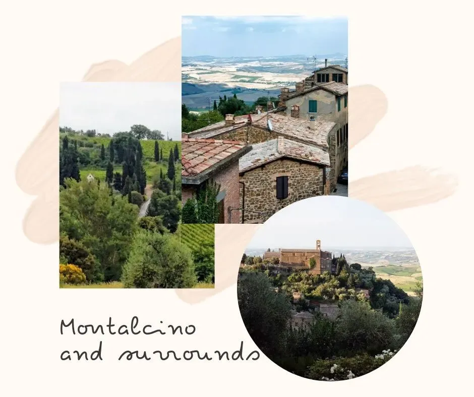 Collage of Montalcino showing hilltop views, stone buildings, cypress-lined roads, and countryside.