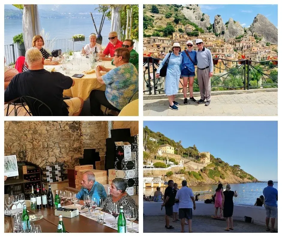 Italian moments captured: lakeside dining, scenic village views, wine tasting in a stone cellar, and sunset by the coast.
