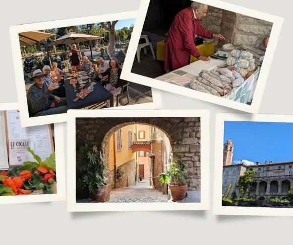 Varzi views with bridge, memorial, fields, and local dining.
