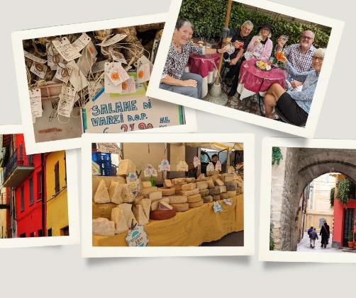 Varzi collage with cheese, salami, café, street, and archway.