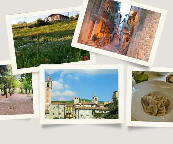 Varzi scenes with fields, alley, town view, and pasta.