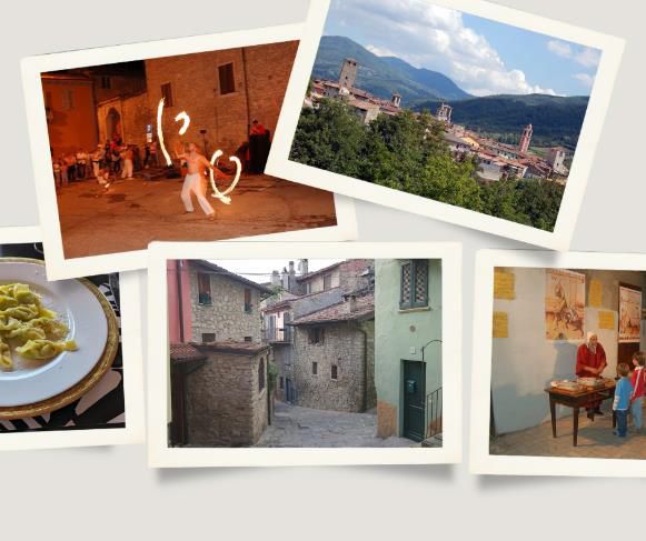 Varzi collage with fire performer, town view, pasta, and exhibit.