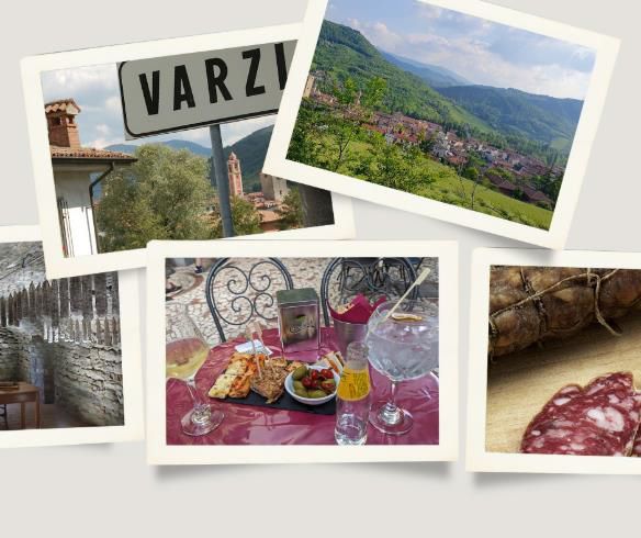 Varzi collage with town sign, hillside, stone corridor, aperitivo, and salami.