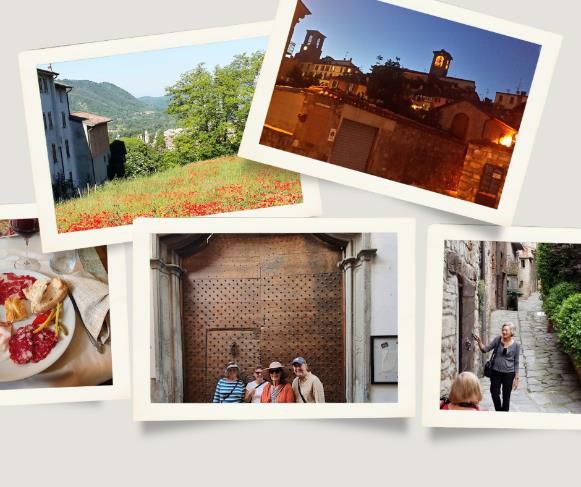 Varzi collage with poppies, salami, and old streets.