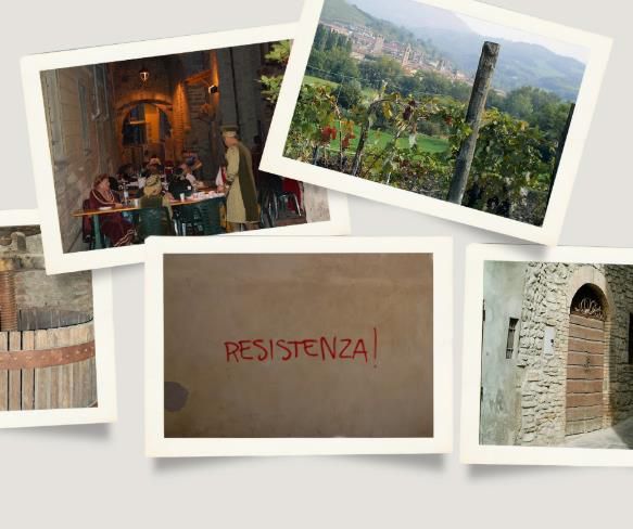 Varzi collage with vineyards, dining, and “Resistenza!” wall.