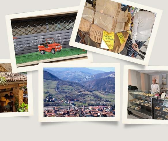 Varzi, Italy collage with streets, hills, and salami sign.