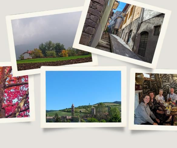Varzi collage with vineyards, dining, and “Resistenza!” wall.