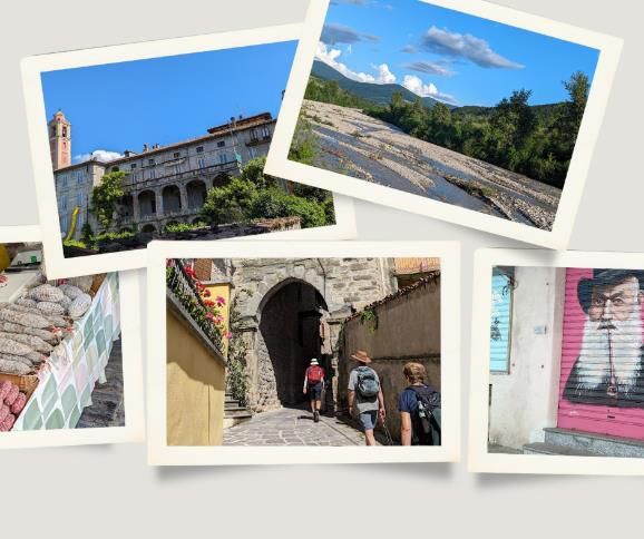 Varzi collage with river, market, archway, and mural.