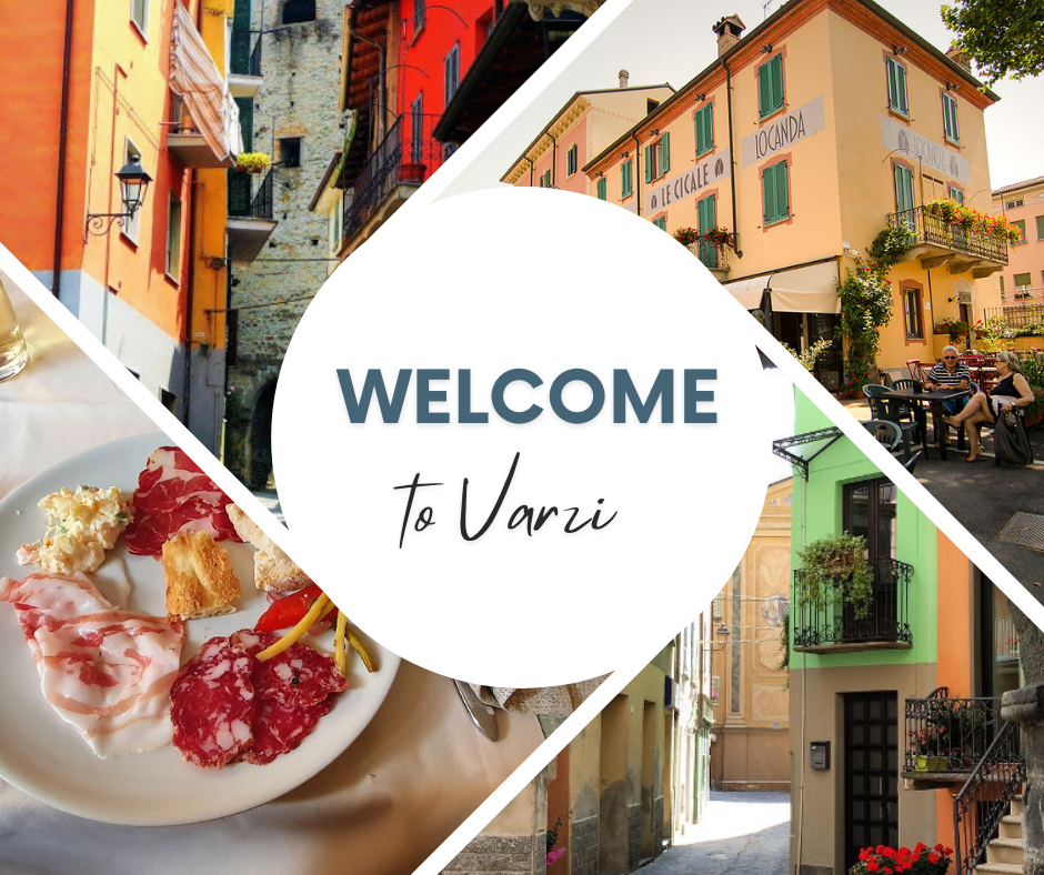 Colorful streets, a plate of cured meats, and an outdoor café with the text 'Welcome to Varzi' in the center.