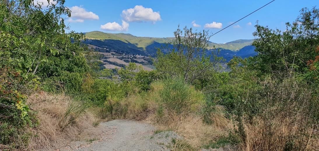 Hill trail on La Via del Sale with valley and mountain views.
