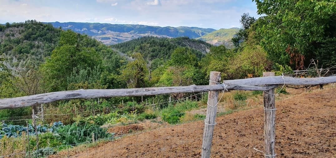 Hill trail on La Via del Sale with valley and mountain views.