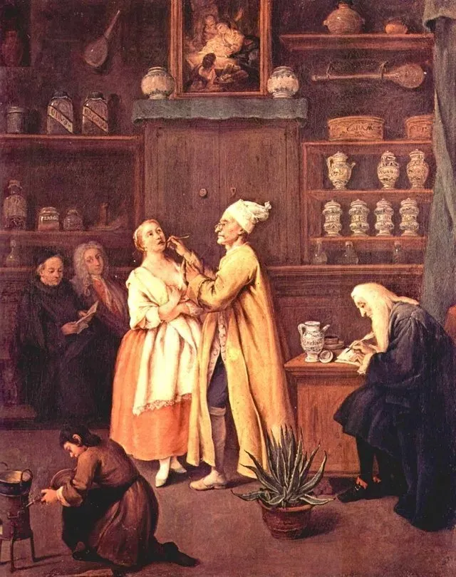 Historical painting of a doctor treating a woman in an old apothecary.