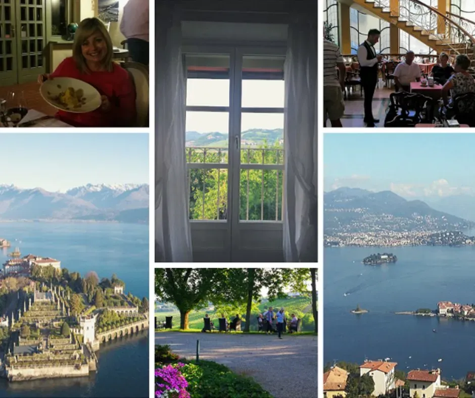 Woman dining, lakeside scenes, and hilltop views.