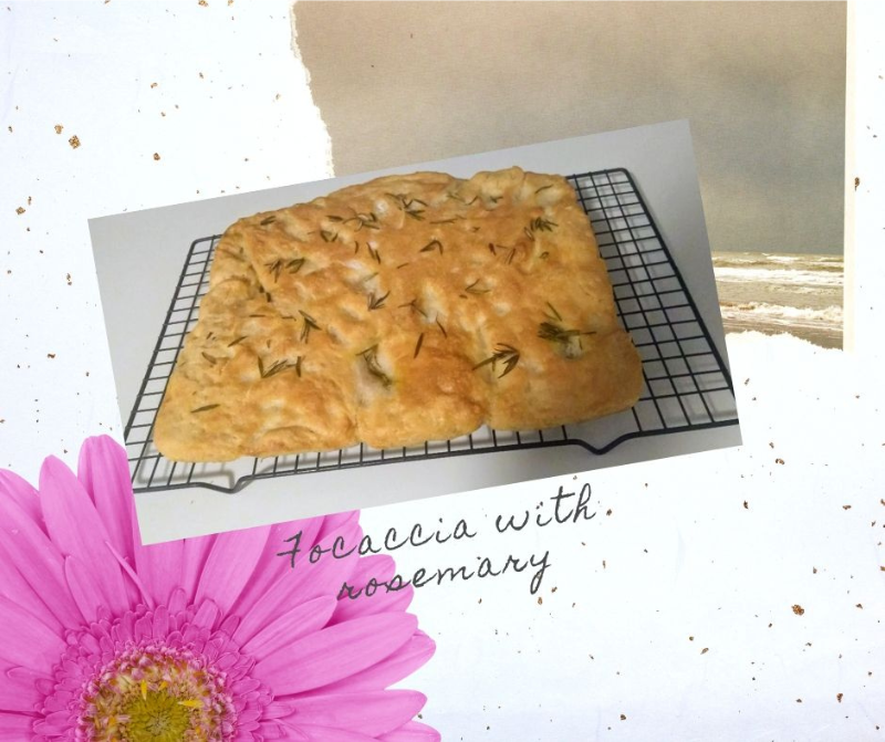 A freshly baked focaccia with rosemary on a cooling rack, styled with a floral and coastal-themed collage background.