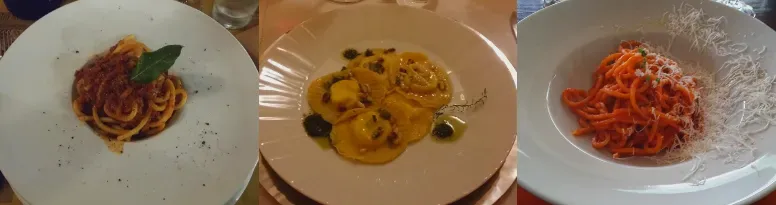 Three pasta dishes: spaghetti, ravioli, and cheesy red sauce.