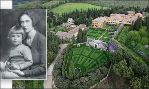 Historic photo overlaid on villa and garden aerial view.