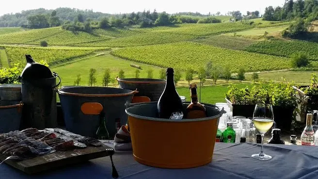 Wine and charcuterie setup on a terrace overlooking rolling vineyards in the Italian countryside.