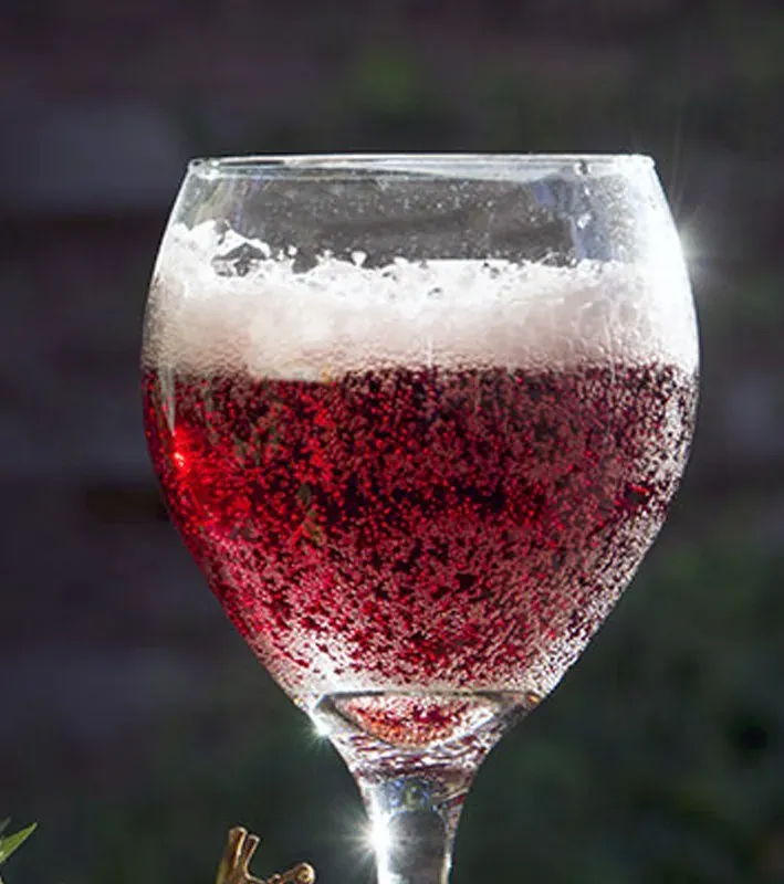 Close-up of a sparkling red Lambrusco wine in a glass, topped with frothy foam and bubbles rising through the deep red wine.
